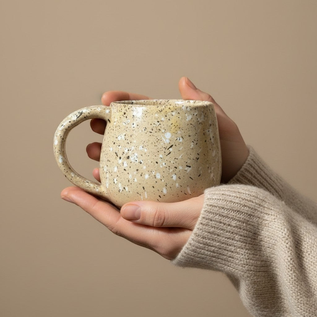 Eternal Pottery toasted sand round mug with handle, held in hands.