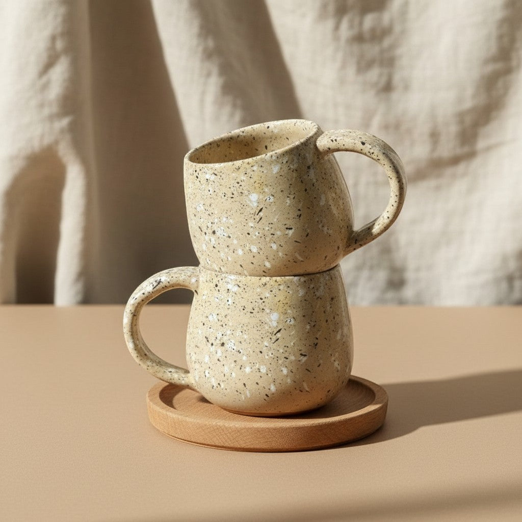 Two stacked toasted sand round mugs  resting on a wooden coaster.