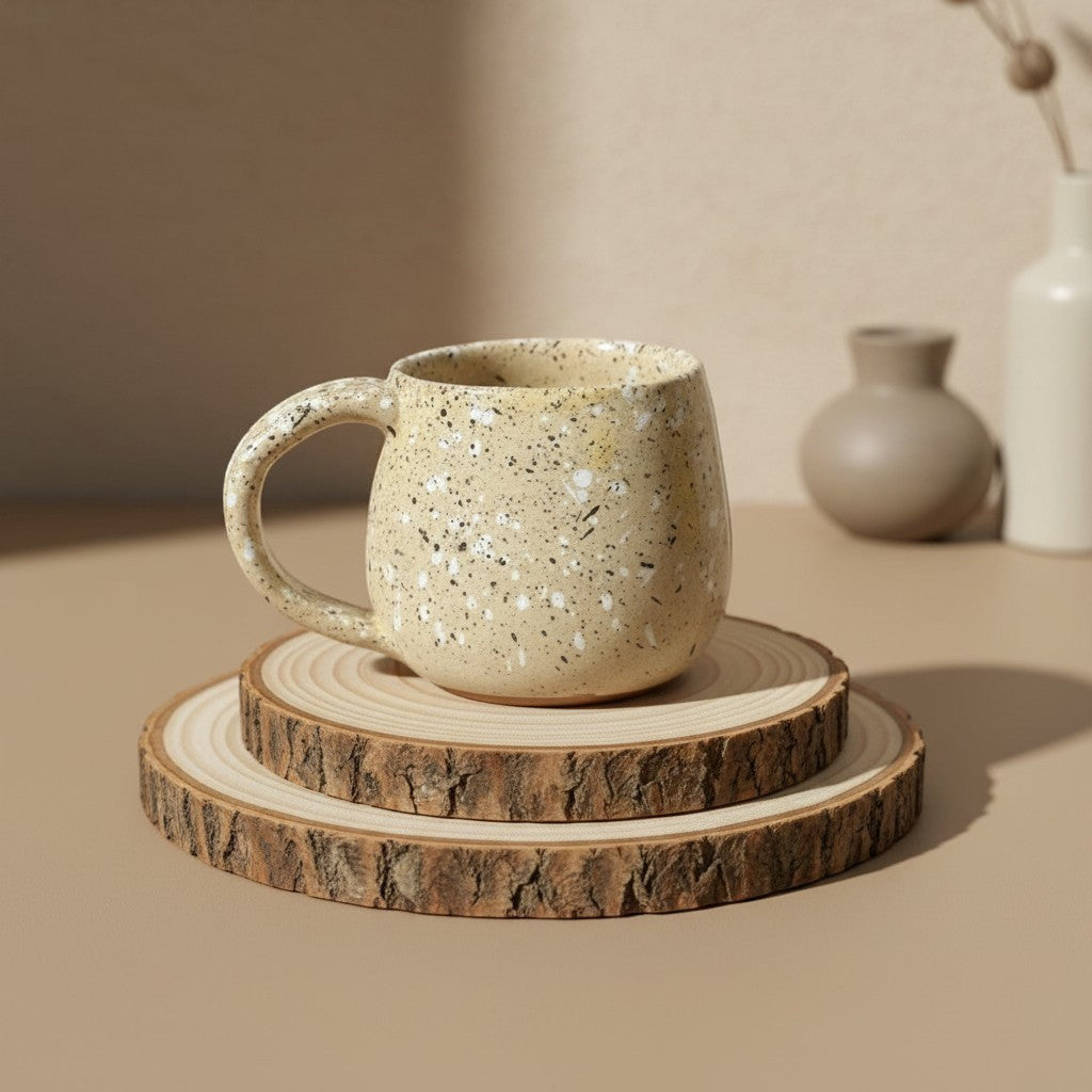 Eternal Pottery toasted sand round mug  resting on double-layered wooden coaster.