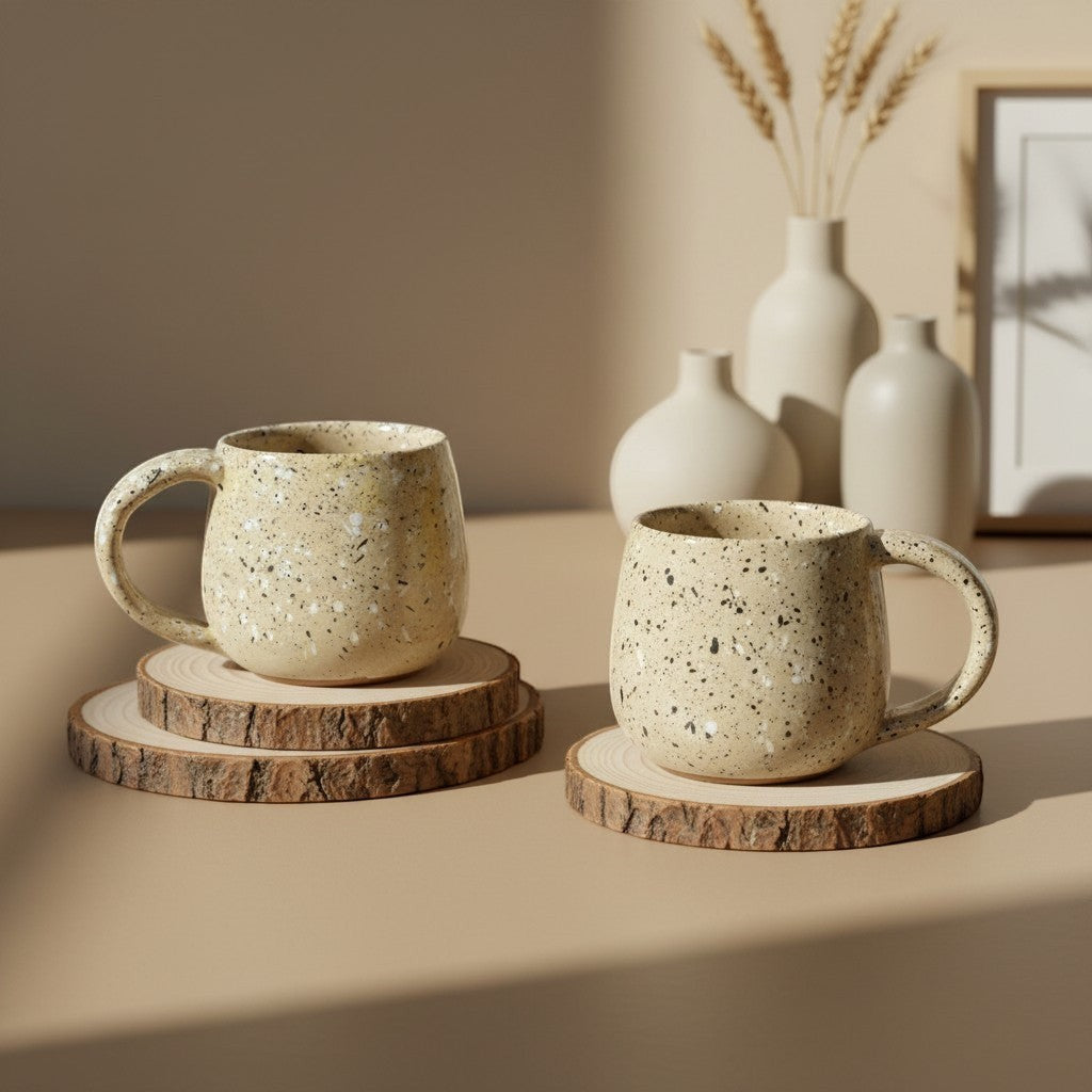 Two toasted sand round mugs resting on wooden coasters.