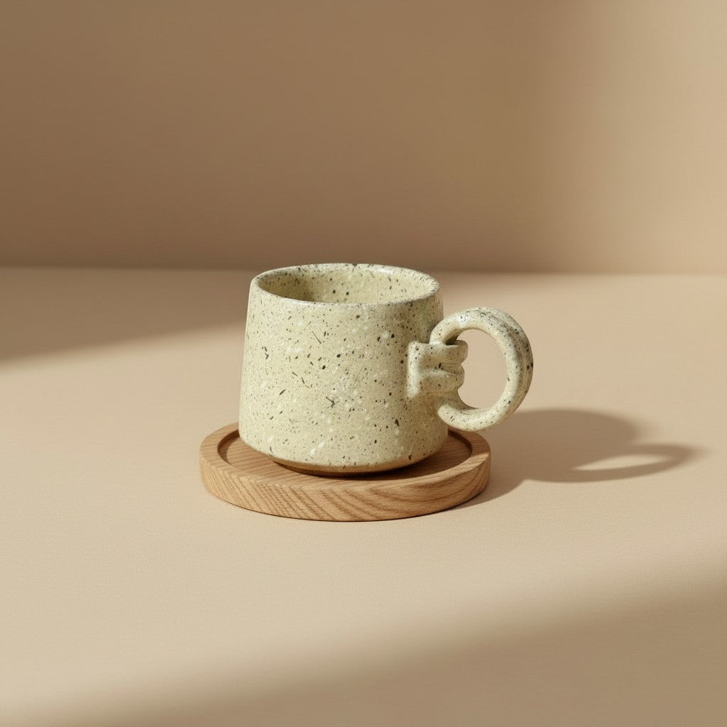 Eternal Pottery textured vanilla mist ring mug with handle on a wooden coaster.