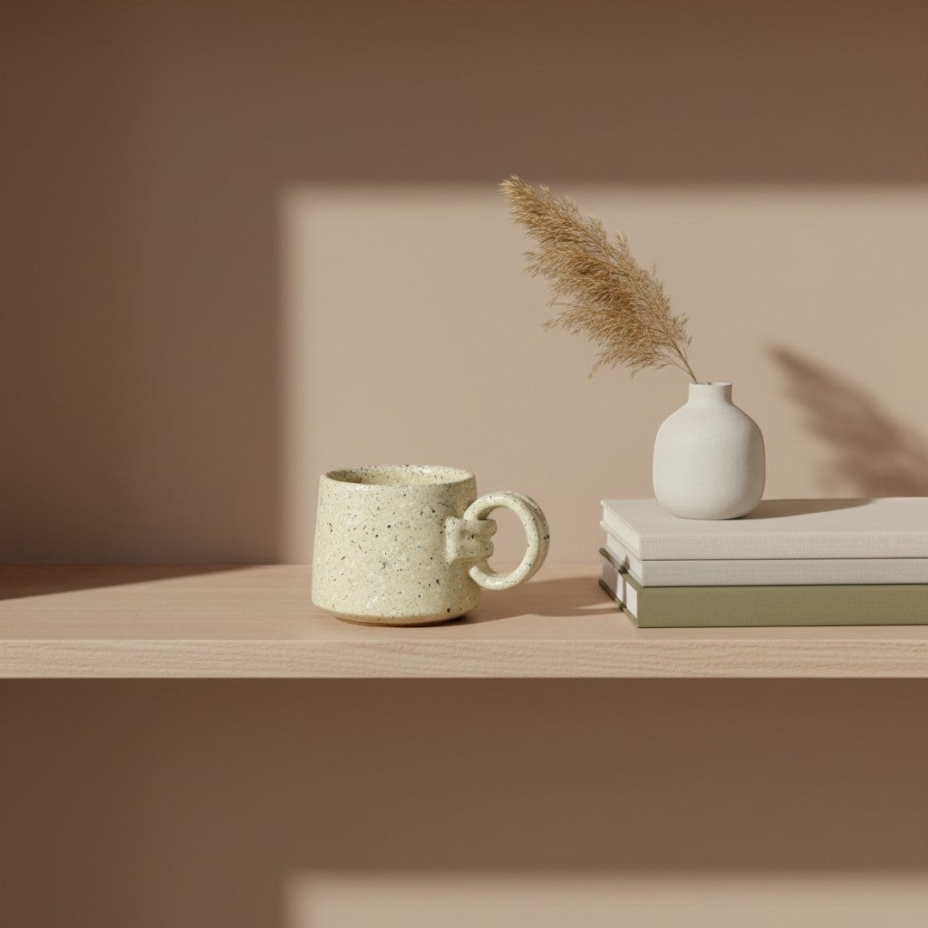 Eternal Pottery textured vanilla mist ring mug with handle on a wooden shelf.