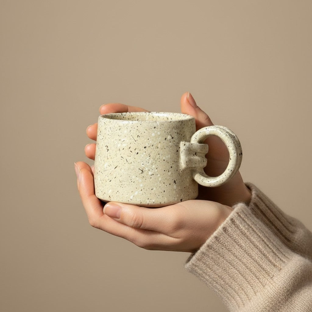 Eternal Pottery textured vanilla mist ring mug with handle, held in hands.