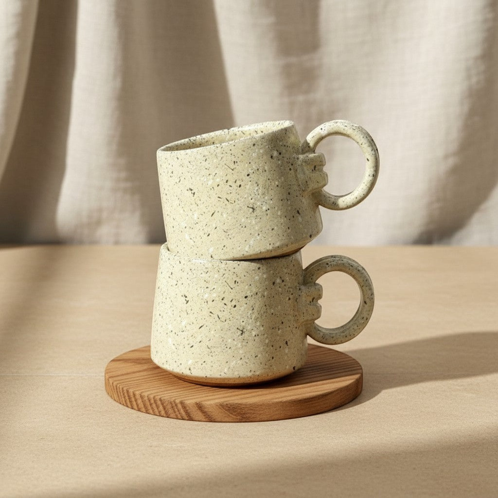 Two stacked textured vanilla mist ring mugs with handles, resting on a wooden coaster. Eternal Pottery.