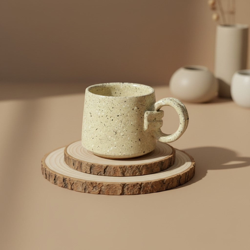 Eternal Pottery textured vanilla mist ring mug with handle, rustic glaze, perfect for coffee or tea resting on double-layered wooden coaster.