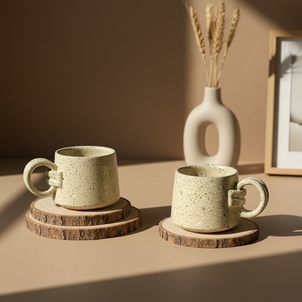 Two textured vanilla mist ring mugs with handles resting on wooden coasters, rustic design. Eternal Pottery.